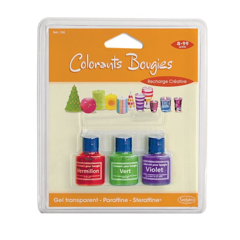 Blister de 3 Colorants pour bougies Violet, Vert et Vermillon