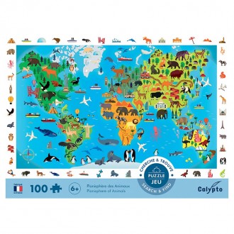 Puzzle 100 pièces " Cherche et trouve " - Planisphère des Animaux